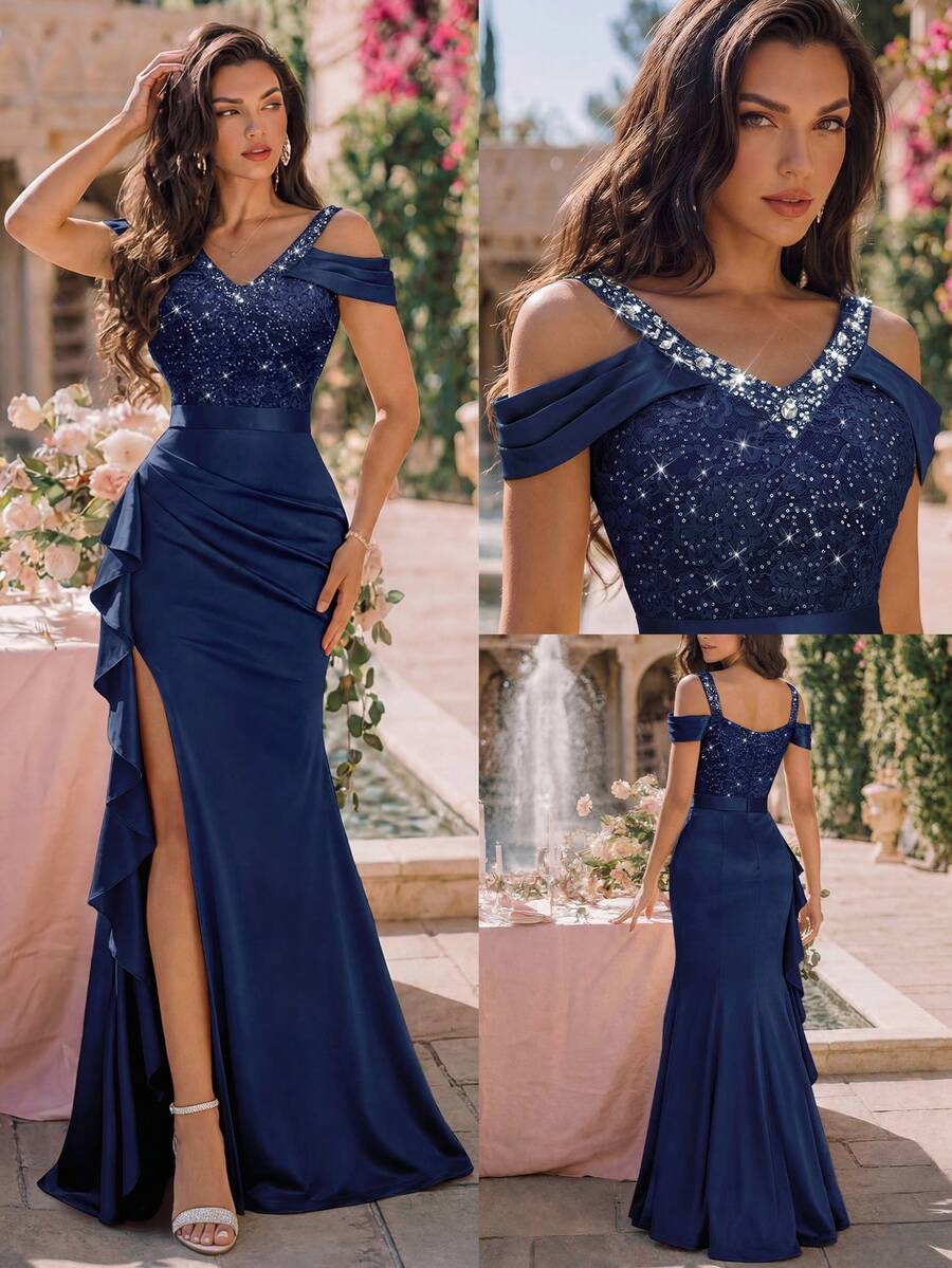 MIUSOL Off-Shoulder Sequin Floral Lace Patchwork Satin Side Ruched Ruffle Hem Formal Party Long Dress, Elegant Women's Outfit Summer - Navy Blue - View 1