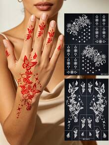2pcs / 1sheet Butterfly Floral Henna Mehndi Tattoo Stencil Set, Reusable, Suitable For Beginners, Brides, Weddings, Festivals, Temporary Body Art - Black - View 2