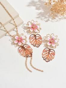 3Pcs/Set Boho Tropical Flower Monstera Leaf Jewelry Set, Gradient Earrings Y Tassel Necklace, Women Summer Beach Vacation Statement Accessory Gift - Gradient Powder - View 4