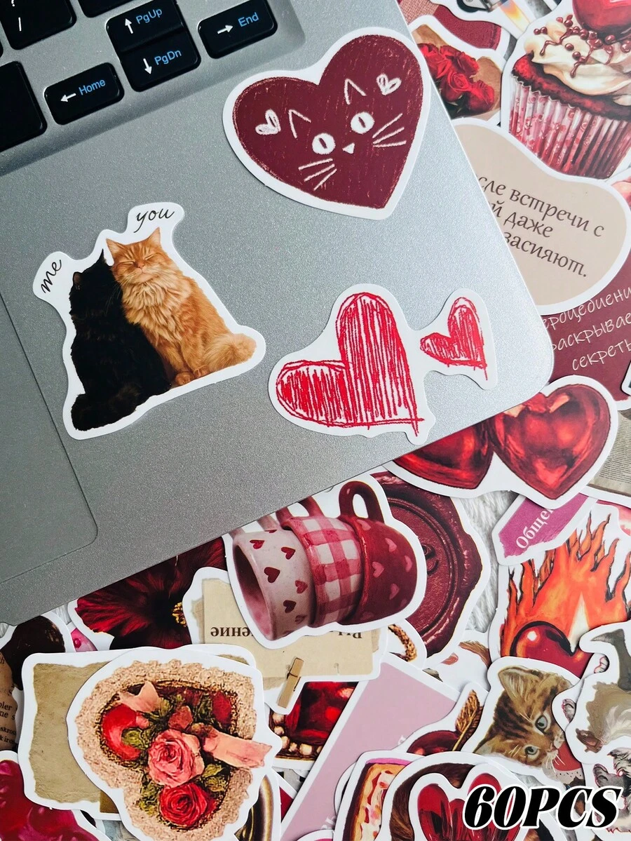 60Pcs Heartbeat Retro Stickers Fashion Personalized Creative DIY Fine Decorative Stickers Scrapbook Laptop Luggage Guitar Water Cup Phone Case Popular Decals