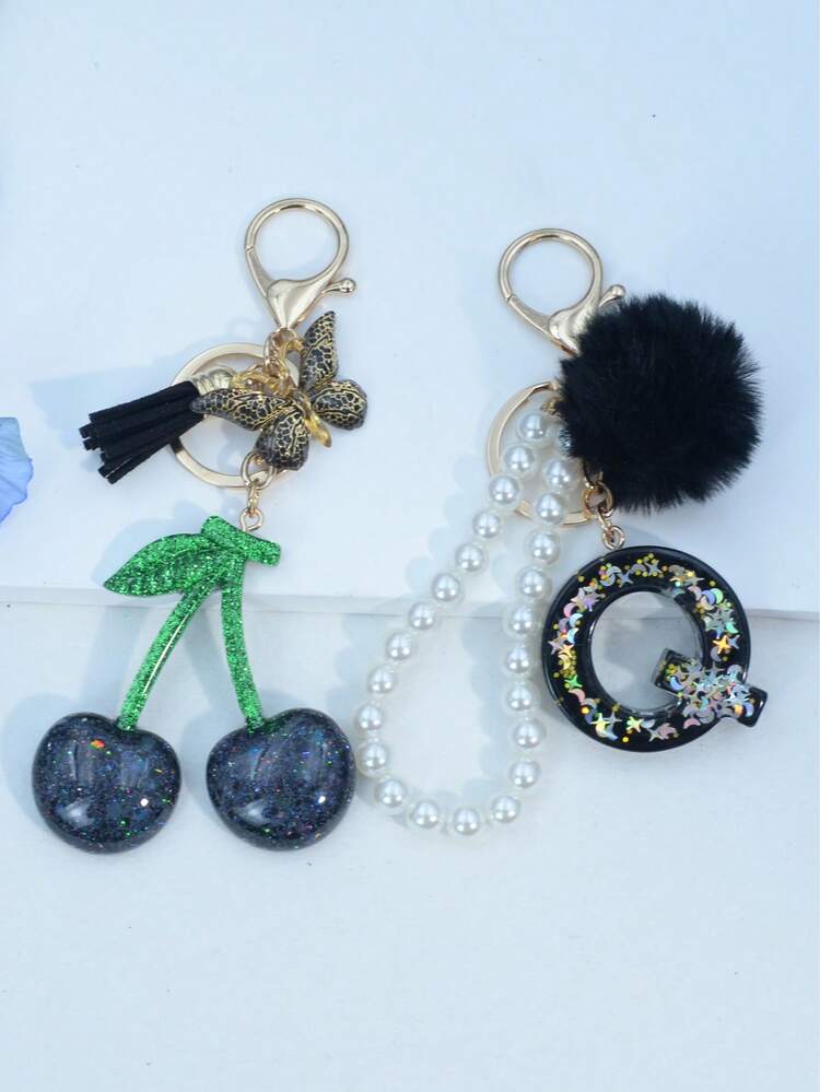 1 buah Gantungan Kunci Huruf Resin Langit Berbintang Epoxy dengan Hiasan Rumbai Bola Bulu Hitam, Liontin Hati, Hadiah untuk Teman dan Ibu - Hitam - View 36