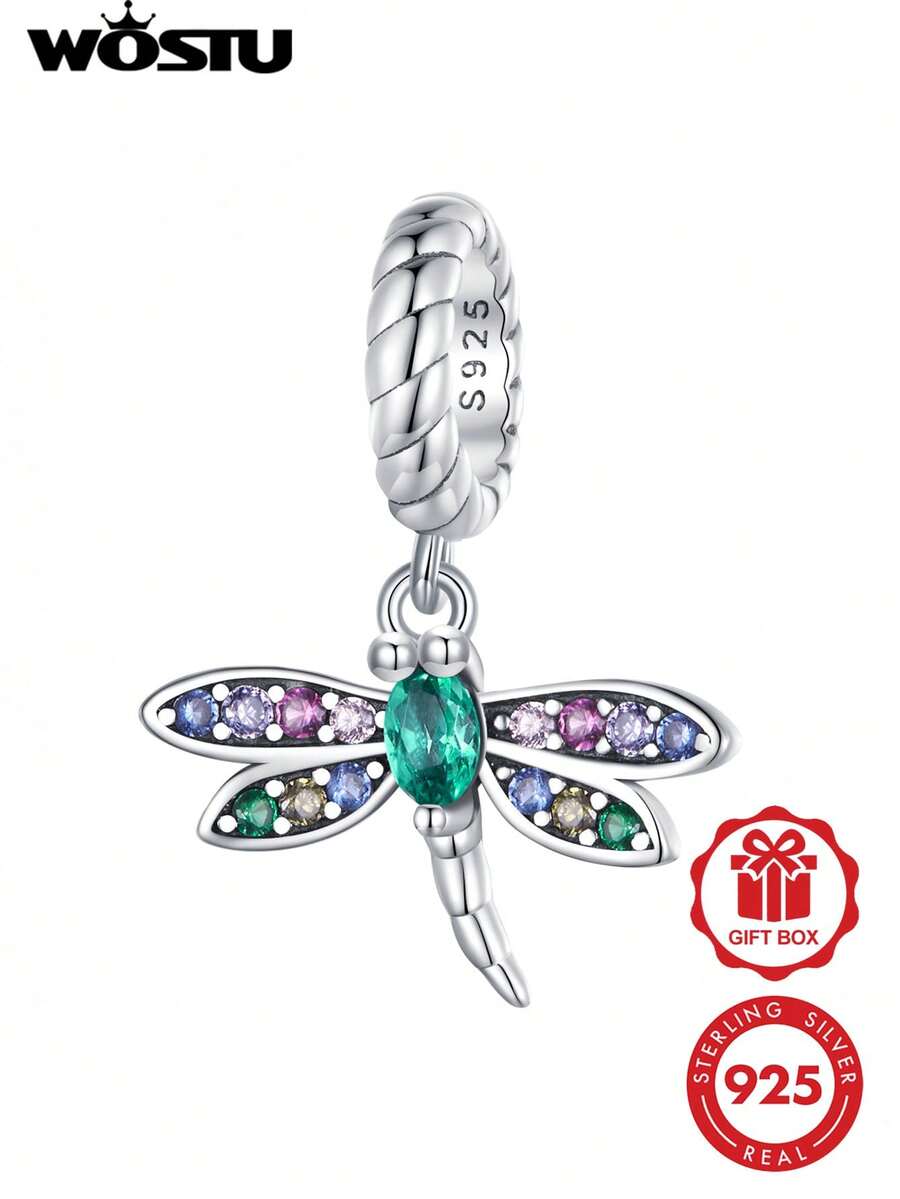 WOSTU 925 Sterling Silver Dragonfly Charm Multicolor Cubic Zirconia Dangle Rainbow Nature 1PC For Women Everyday Birthday Date Night Anniversary Adjustable