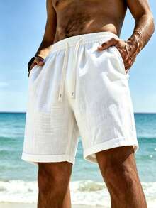 Men's Summer Bamboo Linen Drawstring Shorts, Loose Breathable Bermuda Casual Beach Vacation Pants - White - View 3