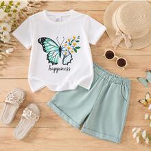 4-8 Jahre Mädchen süßer Schmetterling & Blumen Muster "Happy" Kurzarm T-Shirt & Shorts Set, lässiger Spielanzug für Kleinkind/Kleine Mädchen im Sommer - Weiss - Übersicht 6