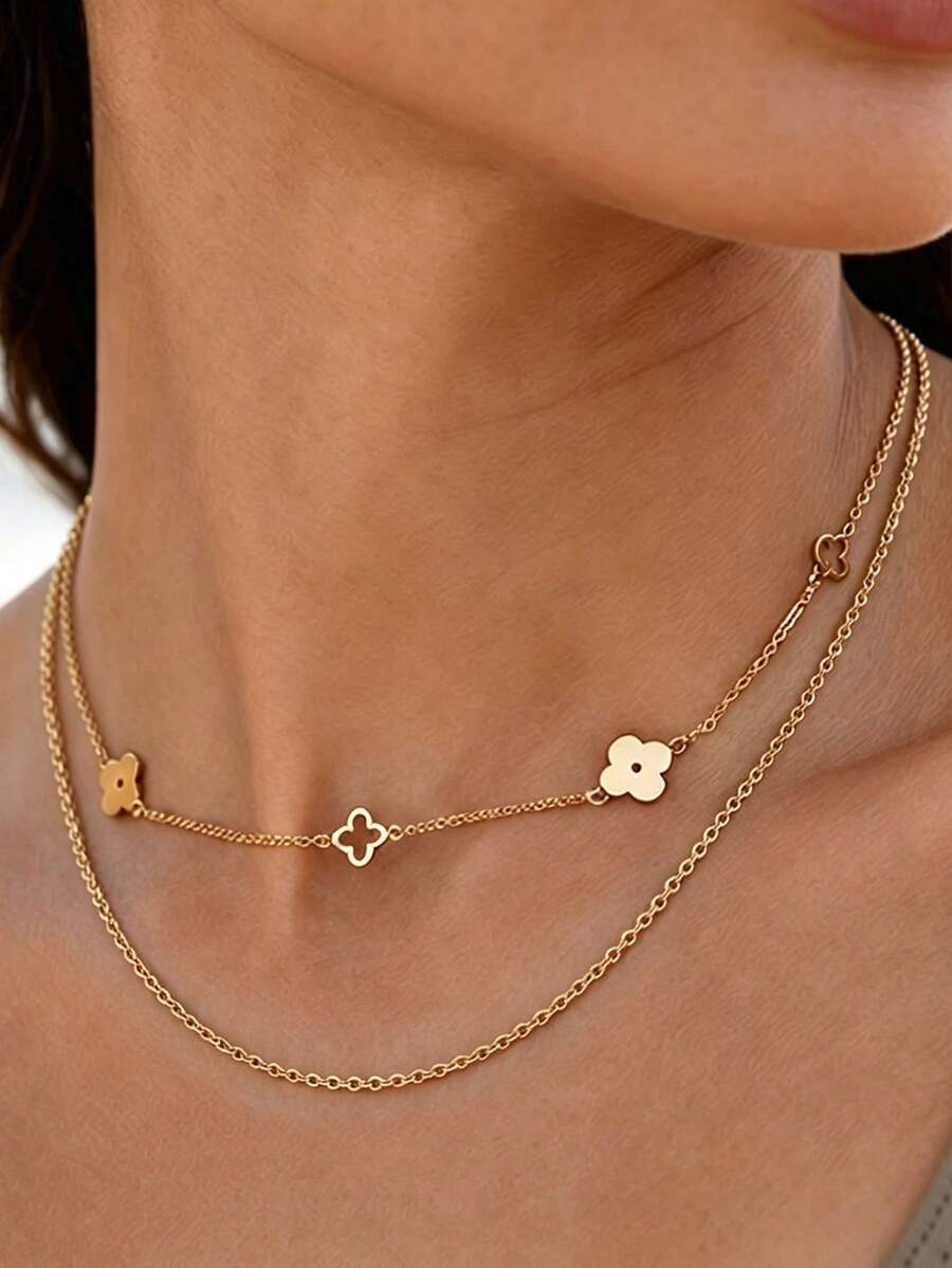 2pcs/Set Multi-Style Long Layered Chain Necklaces, 18K Gold Plated Stainless Steel, Clover, Twisted Dough, Round Snake Design, Stackable - Gold 2 - View 1