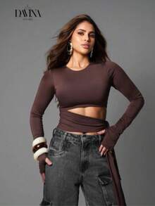 Women's Suplex Cropped Blouses Long Sleeve With Tie At The Waist Disguises Belly Comfortable Autumn Winter Fashion For Foreigners - 鏽棕色 - 查看 5