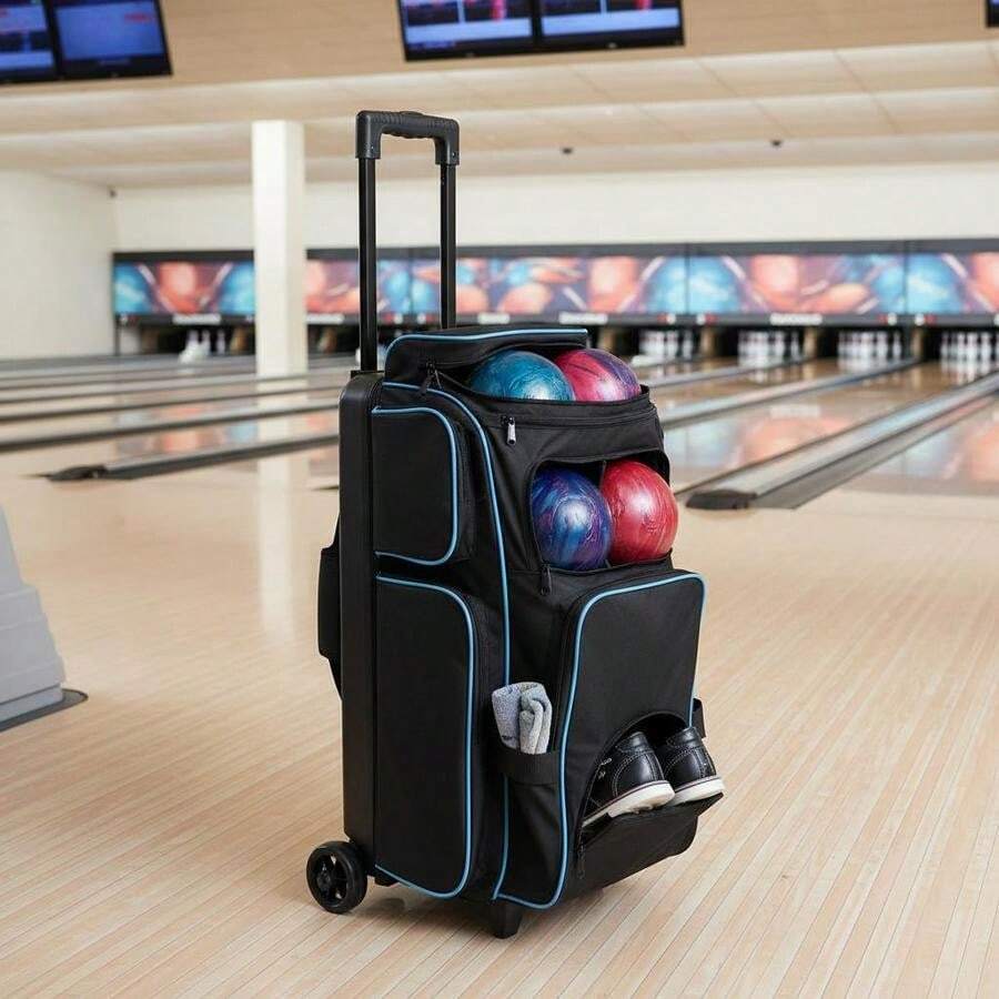 Triple Ball Rolling Tote 31.5" X 12.5" X 16.5" For Bowling Alley Tournament Practice Separate Shoe Compartment Retractable Handle Oversized Accessory Pocket Padded Divider Wheels Heavy Duty Polyester Construction-XY171085 - Multicolor - View 1