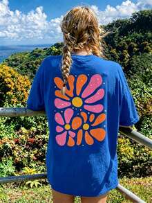 Boho-inspiriertes Damen Blau Baumwolle Kurzarm T-Shirt, Regular Fit mit farbenfrohem abstraktem Blumenmuster, Rippstrick Rundhals Lässig Stil, Ausflüge, Y2K - Cailan - Übersicht 3