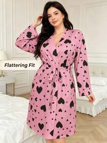 Women's Plus Size Long Sleeve Pink Heart Pattern Bathrobe With Belt, Ribbed Texture Loose Fit Morning Robe, Mid-Length Suitable For Summer, Spring And Autumn, For Bathroom, Gym, Hotel, Beach Vacation, Daily Essentials, Home And Travel, Holiday Gift - Multicolor - View 16