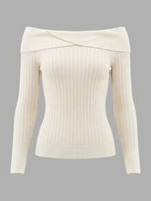 Women's Off-Shoulder Long Sleeve Knit Tulle Top, Regular Length, Medium Stretch Fabric - White - View 10