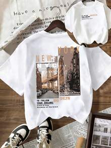 Short Sleeve Round Neck T-Shirt 2026 Summer New Casual Letter New York Bridge Street Vacation Pattern Printed Women'S Fun Regular Top - White - View 1