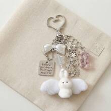 Cute Angel Rabbit Keychain With Bow And Wings, Flocked Material Handmade Bag Charm, Kawaii Handbag Pendant, Phone Charm Accessory - Multicolor - View 6