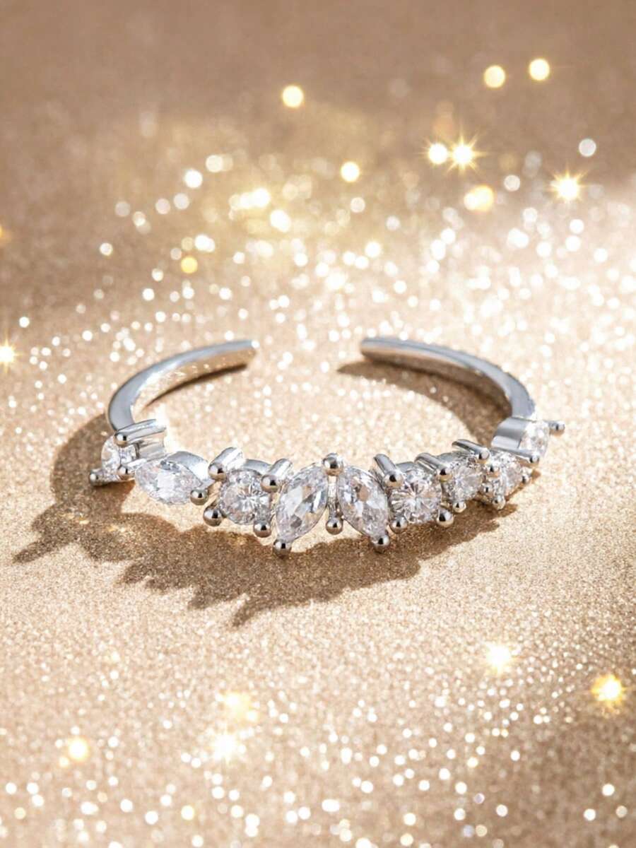 925 Sterling Silver Irregular Diamond Ring, Adjustable Open Design, Niche High-End Silver Jewelry, Gift For Girlfriend - White - View 1