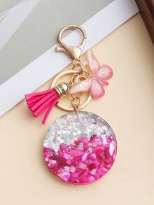 1 pieza Colgante de llave redondo estilo niña con accesorio de borla de mariposa, vibra fresca y dulce de niña, 4 colores base degradados de macaron con fragmentos de concha incrustados y purpurina plateada, borla de tela a juego del mismo color y decoración de mariposa hueca, sin patrones impresos desordenados ni redundantes, contorno de colgante de resina circular plano, combinación de mosquetón + anillo de llave, accesorio creativo flexible y desmontable para llaves, mochilas, bolsos de hombro - Multicolor - Ver 7