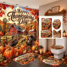 1pc/4pcs Autumn Harvest Country Farmhouse Turkey & Pumpkin Pattern Multi-Functional Bathroom Decor Shower Curtain Set, Free 12 Hooks, Premium Holiday Atmosphere, Bathroom Mat, U-Shaped Floor Mat And Round Toilet Lid Cover, Suitable For All Scenes Decoration Bathroom Set - Autumn Harvest Turkey and Pumpkin - View 1