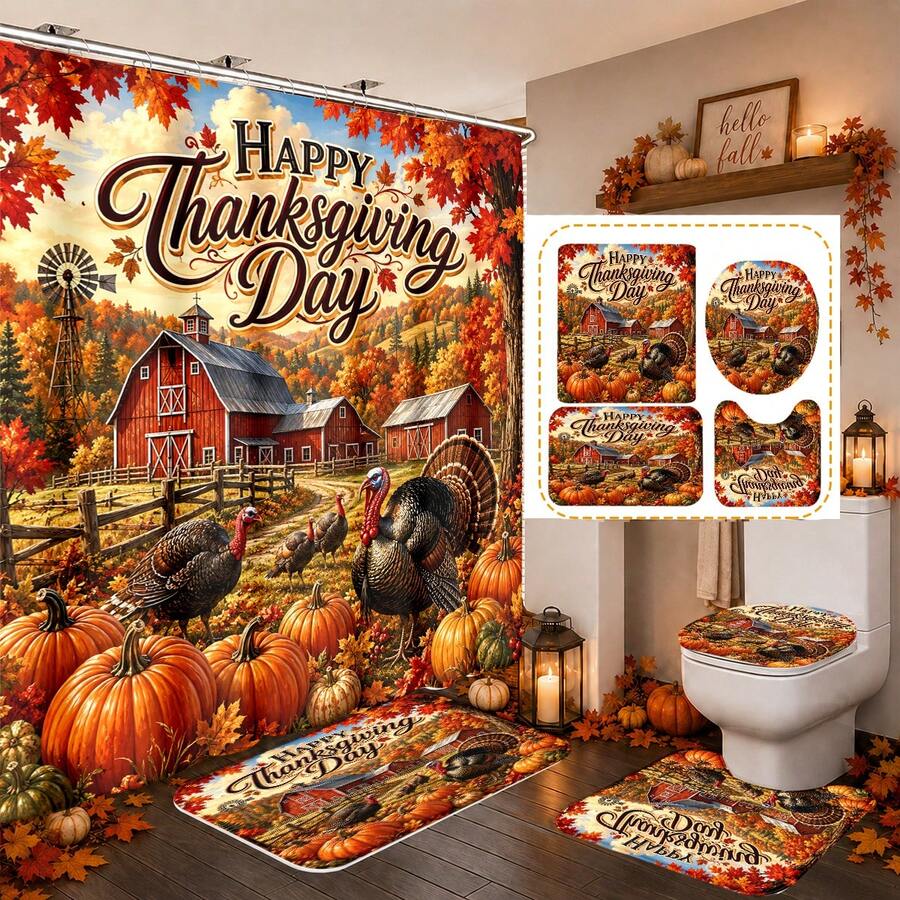1pc/4pcs Autumn Harvest Country Farmhouse Turkey & Pumpkin Pattern Multi-Functional Bathroom Decor Shower Curtain Set, Free 12 Hooks, Premium Holiday Atmosphere, Bathroom Mat, U-Shaped Floor Mat And Round Toilet Lid Cover, Suitable For All Scenes Decoration Bathroom Set - Autumn Harvest Turkey and Pumpkin - View 1