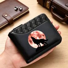 Men's Short Zipper Wallet, Red Moon Howling Wolf Print PU Leather Bifold Wallet, Woven Texture Multi-Card Slot Coin Purse - Multicolor - View 4