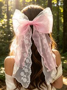 1pc Sweet Cute Holiday Party Pink Mesh Printed Bow Ribbon Spring Clip - Pink - View 1