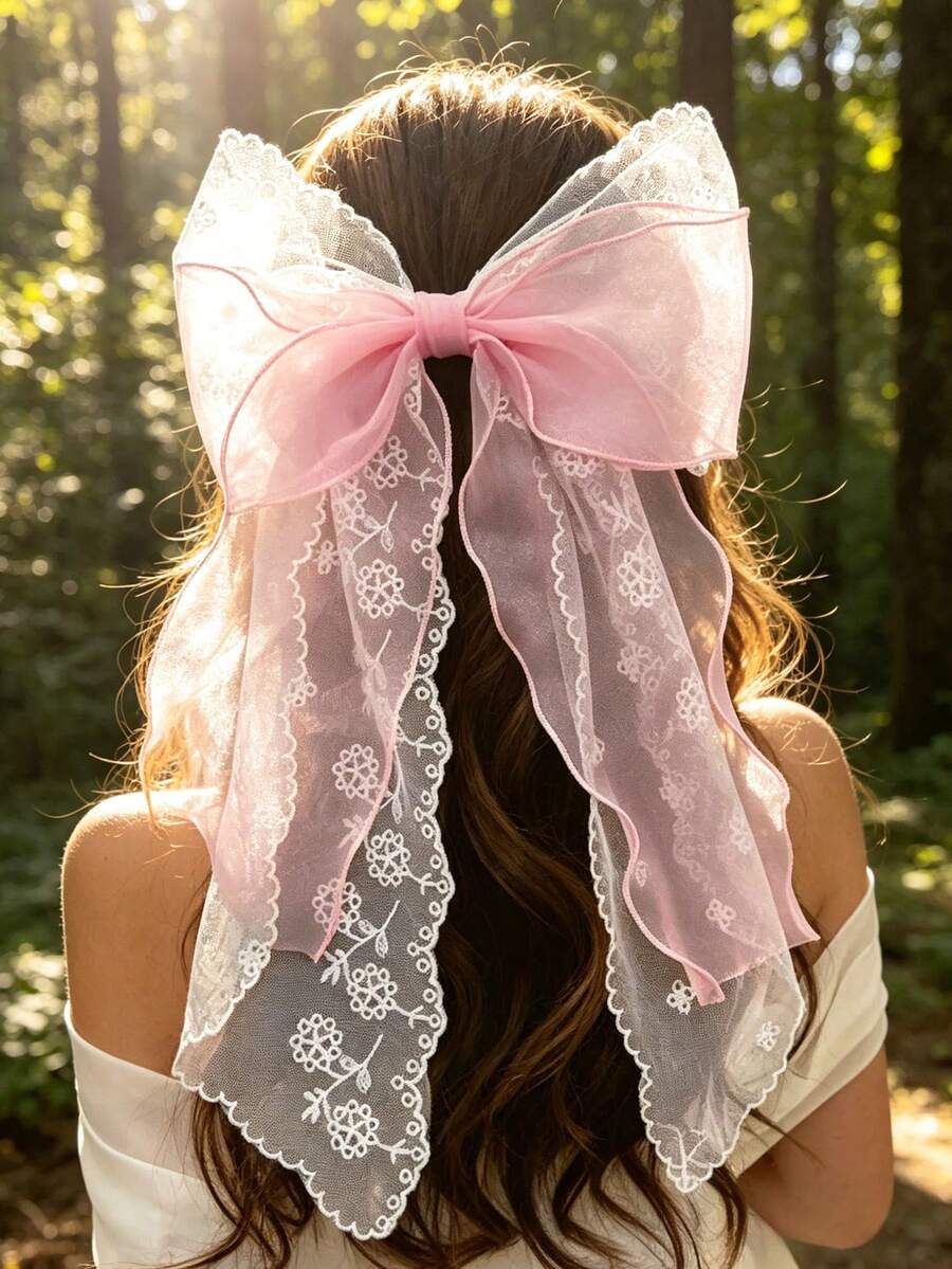 1pc Sweet Cute Holiday Party Pink Mesh Printed Bow Ribbon Spring Clip - Pink - View 1