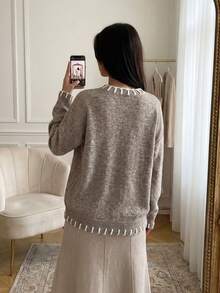 ODALIA Women's Mature Elegant Style, Women's V-Neck Knit Sweater, Decorated With White Contrast Knit Trim, Long Straight Sleeves, Regular Length, High Elasticity Daily Top, Fall Casual 2026 New Arrival, Fall Top, Women's Autumn/Winter Clothing, Women's Elegant Top, Fall Clothing, Back To School Season - Khaki - View 3