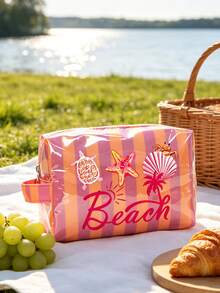 Colorful Striped Beach Makeup Bag, Beach Print, Waterproof PVC Toiletry Bag, Portable Travel Makeup Bag, Multi-Functional Toiletry Bag, Vacation Makeup Bag, Perfect For Swimming, Beach, Diving And Summer Vacation, Suitable For Friends, Family, Best Friends, Classmates. Perfect For Birthday, Holiday, Party, Mother's Day, Teacher's Day Gifts And Souvenirs.,Back To School - Multicolor - View 9