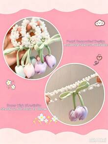 3/1Pc Tulip Pearl Hair Scrunchies, High Elasticity Hair Ties, Sweet And Cute Hair Accessories - Suitable For Girls And Teenagers, Perfect For Daily Wear, School, Vacation, Commuting, Spring Outings, Photography And More - Multicolor - View 3