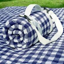 80x 83 Large Picnic Blanket Waterproof Sandproof, Foldable Outdoor With Premium Canvas Strap Beach - Blue Gingham - View 3