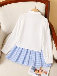 Back To School Season Girls' Fashion Elegant Ruffle Blouse And Plaid Pleated Skirt Set - Baby Blue - View 2