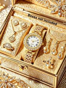 9pcs/Set Women's Classic Fashion Roman Numeral Elegant Full Rhinestone Watch + Necklace + Ring + Earrings, Exquisite Full Rhinestone Dial, Adjustable Strap, Quartz Watch, Suitable For Daily Wear, Perfect Gift For Female Friends Or Family - Silver - View 1