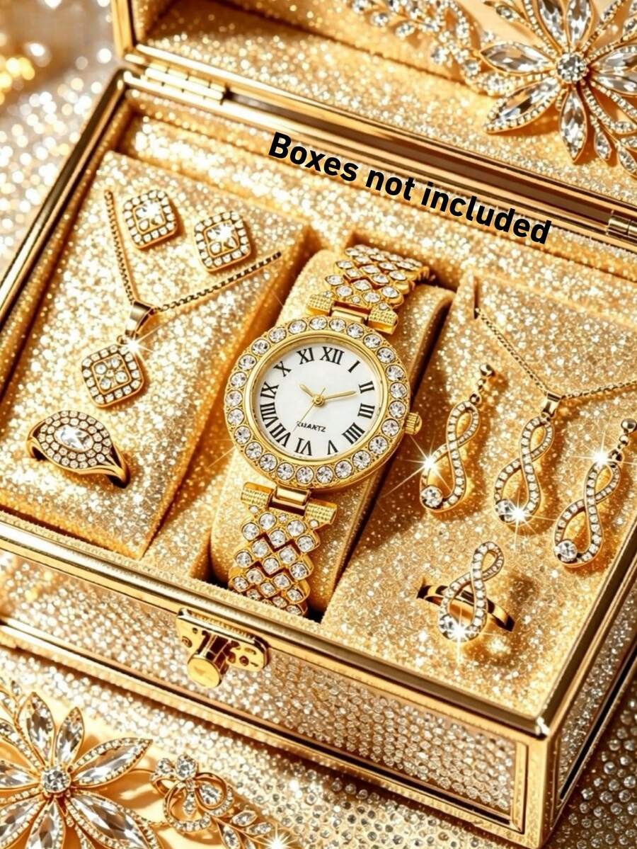 9pcs/Set Women's Classic Fashion Roman Numeral Elegant Full Rhinestone Watch + Necklace + Ring + Earrings, Exquisite Full Rhinestone Dial, Adjustable Strap, Quartz Watch, Suitable For Daily Wear, Perfect Gift For Female Friends Or Family - Silver - View 1