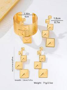 4pcs/Set Geometric Series Vintage Pyramid Square Stud Earrings, Ring, Hammered Texture Wide Open Cuff Bracelet Jewelry Set For Women, Versatile For Party, Banquet, Runway - Yellow Gold - View 2