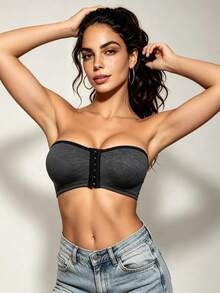 1pc Women's Comfortable Front-Closure Wireless Soft Lightweight Solid Color Unpadded Bralette - Black - View 6