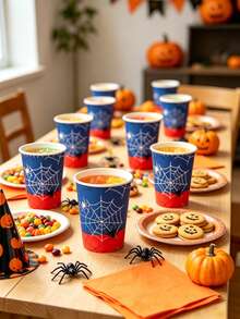 10pcs/20pcs/70pcs/71pcs Red Blue Black Spider Web Party Tableware Set, 9/7 Inch Paper Plates, 3.5 Inch Tall Paper Cups, 6.5 Inch Napkins, 42x70 Inch Plastic Tablecloth, Suitable For Birthday, Halloween, Hero Theme Party Decoration - Multicolor - View 5