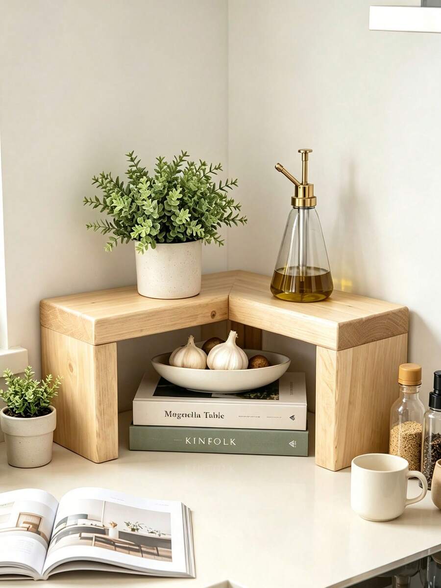 Rural Wooden Kitchen Counter Corner Rack: Farmhouse Decoration, Kitchen Storage, Display Rack - View 1