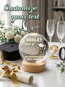 1pc Customized Name Text 3D Laser Engraved Graduation Cap Diploma Crystal Ball Night Light, Natural Wood USB Base, Warm LED Soft Light Graduation Commemorative Gift, University High School Graduate Gift, Dorm Desk Decor, Bedside Atmosphere Lamp, Graduation Party Tabletop Ornament - Multicolor - View 1