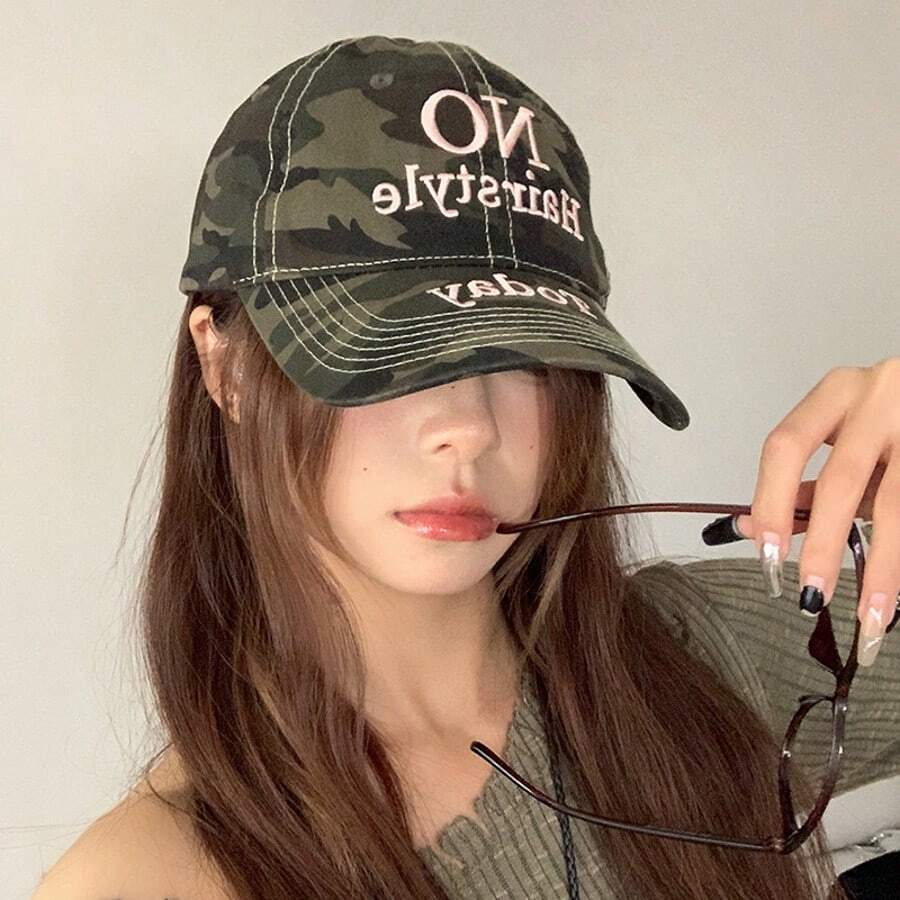 1pc New Korean Style Personalized Letter Camouflage Embroidered Baseball Cap, Small Face Effect, Fashion Casual Versatile Streetwear Cap For Women - Multicolor - View 1