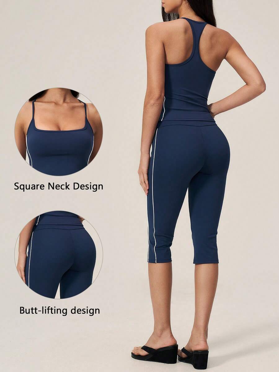 TimeOff Conjunto deportivo para mujer de 2 piezas con top de tirantes finos, cuello cuadrado, espalda nadadora y línea blanca lateral en contraste, y pantalones 7/8 a media pantorrilla con control de abdomen - Azul Marino - Ver 1