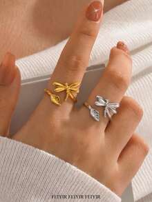Anillo de mujer con diseño de libélula y hoja chapado en oro de 18K, anillo ajustable abierto resistente a la decoloración, joyería de boda única, adecuado para vacaciones, fiestas y accesorios de baile, regalo perfecto de cumpleaños/aniversario para novia/mamá/mejor amiga - Varios - Ver 1