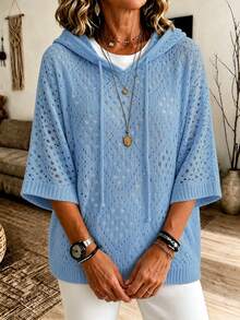 素色針織鏤空抽繩休閒百搭通勤寬鬆連帽套頭毛衣,適合海灘度假、日常約會、單身派對、旅行,春秋款 - 天空藍 - 查看 6