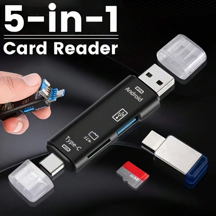 5合1 USB Type-C 外接讀卡機/讀卡器，TF/SD 記憶卡讀卡機，USB 隨身碟，Micro USB 多裝置轉接頭，相容智慧型手機與平板電腦，支援筆記型電腦，輕巧便攜設計，通用連接，精緻表面處理