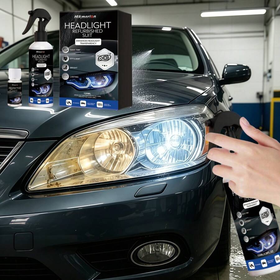 Kit de restauration de phares 100ML+20ML, nettoyage quotidien des phares de voiture, agent de décontamination, d'éclaircissement et de soin, kit de polissage des phares de voiture, agent de réparation des rayures et du jaunissement des lentilles, produit de soin automobile professionnel, agent de réparation des phares - élimine le jaunissement, l'oxydation et le brouillard - matériau de polissage et de meulage des lentilles - améliore efficacement la luminosité des phares, le meulage et le polissage - Liquide - Voir 1