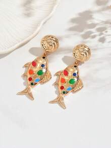 1 Pair Luxury Enamel Oil-Drip Fish & Seashell Long Earrings, Suitable For Beach Vacation, Party, Banquet, Gift, Daily Wear - Colorful - View 5
