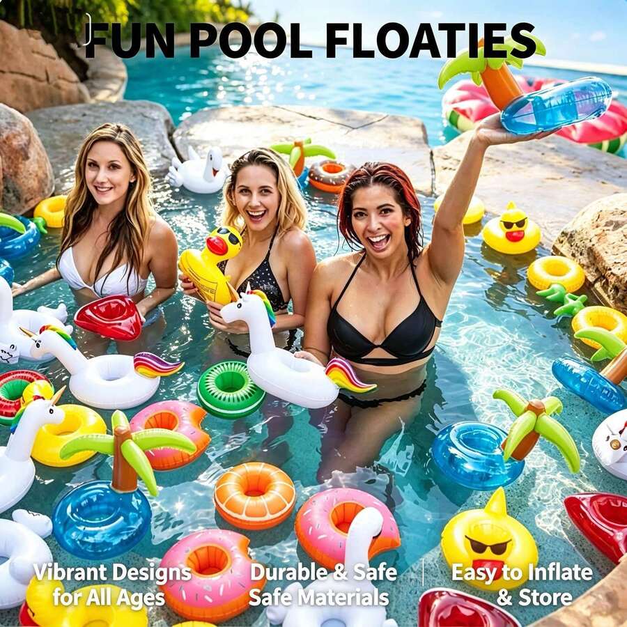 1 pieza Portavasos inflable con forma de dibujos animados para piscina, soporte flotante para bebidas con diseños de flamenco, sandía, limón y piña, soporte para vasos de agua para playa, vacaciones, aguas termales y baño, accesorio fotográfico para ambiente de fiesta de piscina de verano - Multicolor - Ver 1