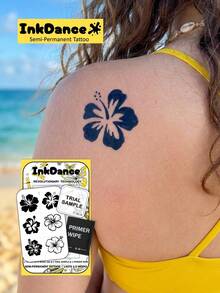 1 Kit de Tatuajes de Tecnología "Hibiscus", Tatuajes Semipermanentes, Tatuajes Temporales, Larga Duración, Tatuajes Falsos, Resistentes al Agua, Apariencia de Tatuaje Auténtico, InkDance, Ink Dance, a Base de Plantas D091 - Negro - Ver 1