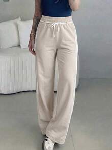 Vaiaye Women's High Waist Drawstring Striped Wide Leg Pants, Solid Khaki Color Loose Casual Long Pants, Comfortable And Soft, Suitable For Gym Fitness And Daily Street Wear - Light Khaki - View 4