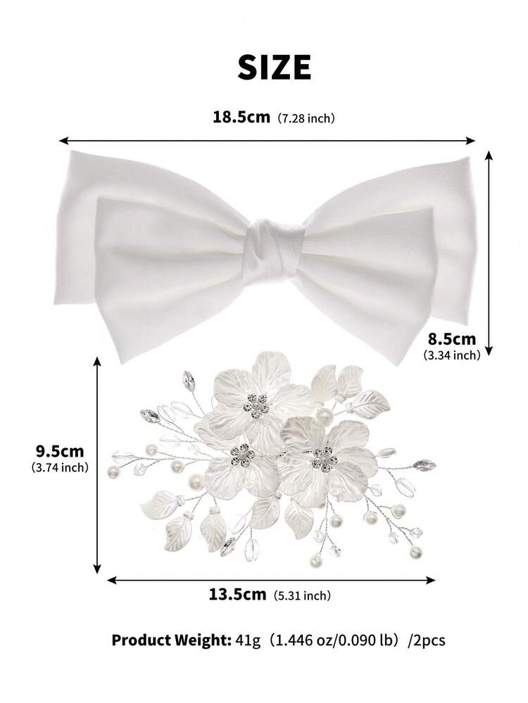 2 piezas Elegante pinza para el cabello con lazo de satén blanco y decoración de perlas florales y strass, accesorio para el cabello de novia de hada para boda para mujeres - Blanco - Añade 6