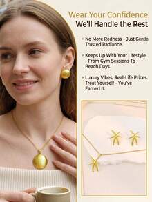 Vintage Sweet Minimalist Gold Stainless Steel Jewelry Set, Multiple Heart, Star, Flower, Bow Necklace And Earring Set, Daily, Beach, Wedding Gift - Yellow Gold - View 4