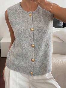 1pc Minimalist Solid Color Gentle Vibe Single-Breasted Metal Button Knit Vest, Casual Tops For Women, Round Neck Fashion Sweater - Light Grey - View 10