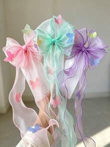 1/3Pcs Sheer Tulle Bow Long Streamer Hair Clips, Sweet Colorful Ribbon Hair Accessories, Fall Decor, School Supplies - Multicolor 3 - View 3