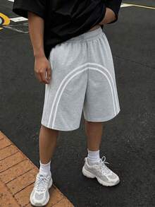1pc Tween Boys Casual Sports Pants, Minimalist Fashion Stripe Decor Straight Leg Shorts - Light Grey - View 7